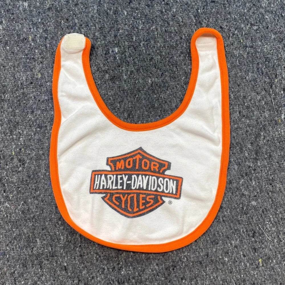 Harley‎ Davidson Bib Sz 0-6M Baby White Orange Biker Grunge Bar Shield Logo